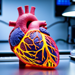 **A bio-printed heart:** A vibrant, 3D-printed heart model, showcasing intricate details and cellular structures, illuminated in a high-tech laboratory setting with a bio-printer in the background. The scene conveys a sense of innovation and the convergence of biology and advanced technology, emphasizing personalized medicine.