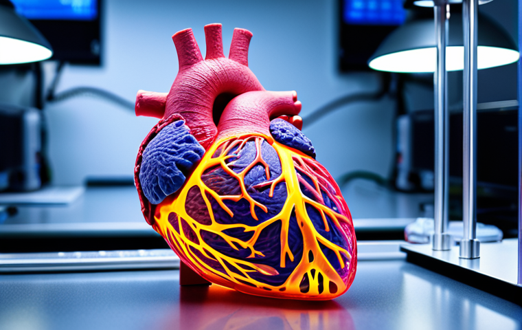 **A bio-printed heart:** A vibrant, 3D-printed heart model, showcasing intricate details and cellular structures, illuminated in a high-tech laboratory setting with a bio-printer in the background. The scene conveys a sense of innovation and the convergence of biology and advanced technology, emphasizing personalized medicine.