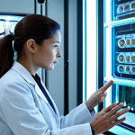 A professional medical researcher, wearing a pristine lab coat over a modest business suit, meticulously observing a sophisticated artificial organ prototype in a futuristic, sterile laboratory environment. The lab features glowing holographic displays and advanced biomedical equipment. The scene radiates innovation, precision, and a sense of scientific breakthrough. safe for work, appropriate content, fully clothed, professional, perfect anatomy, correct proportions, natural pose, well-formed hands, proper finger count, natural body proportions, high-quality, professional photography.